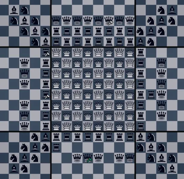 A complex design featuring white and black pieces across many boards on one million chessboards.